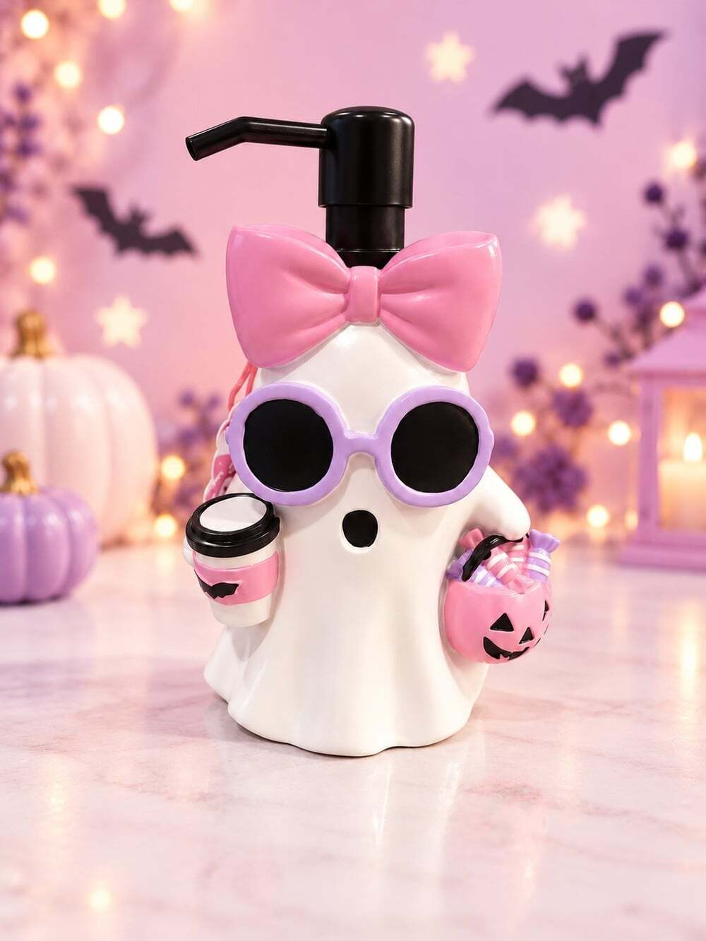 New Girl Ghost W/ Bow & Coffee Halloween Soap Dispenser Spooky Decoration